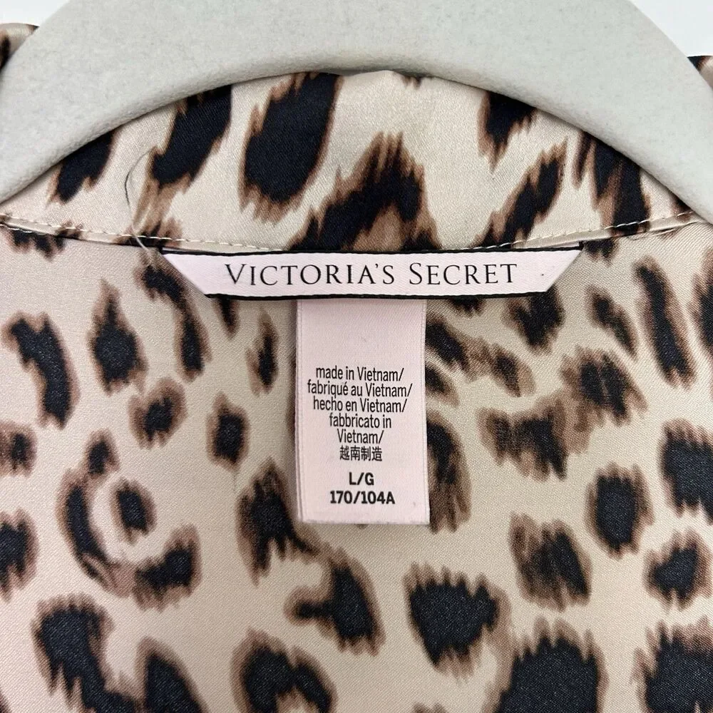 Victorias Secret Satin Sleep Shirt Womens Sz L Leopard Animal Print Button Up
